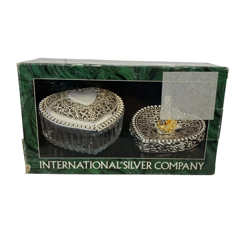 International Silver Co Heart Jewelry Box Ring Holder Set Silverplated Victorian